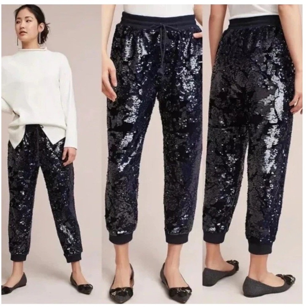 Ettitwa by Anthropologie Navy Blue Sequin Burnout Velvet Jogger Pants Small